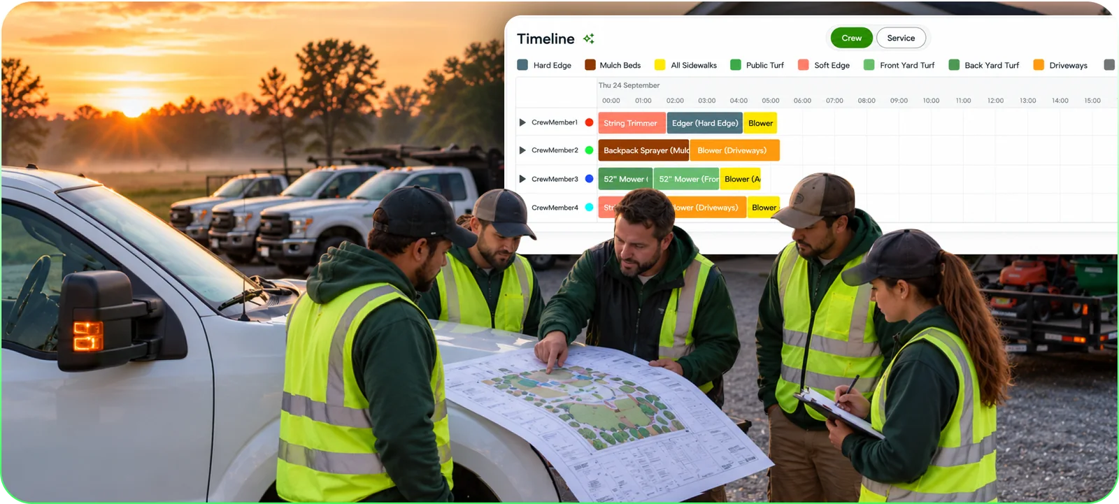 A landscape crew gathered around a property plan on a truck hood at sunrise, with the day's job plan timeline shown above them