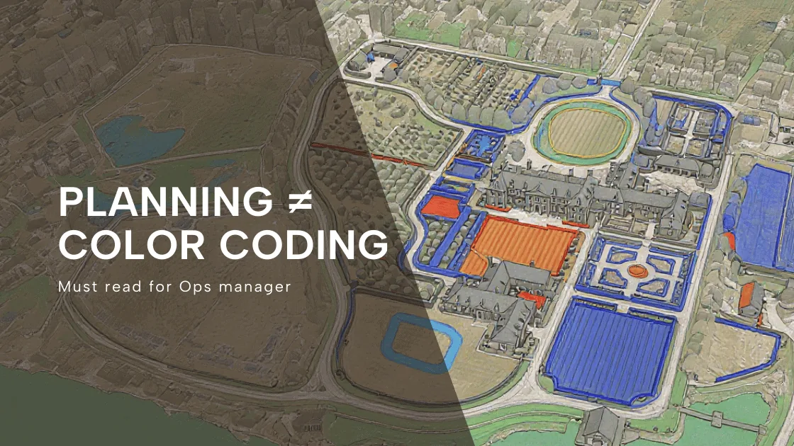 Aerial view of a property with service areas outlined, titled Planning is not color coding