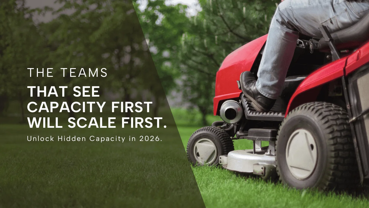 A crew member on a red ride-on mower, titled The teams that see capacity first will scale first