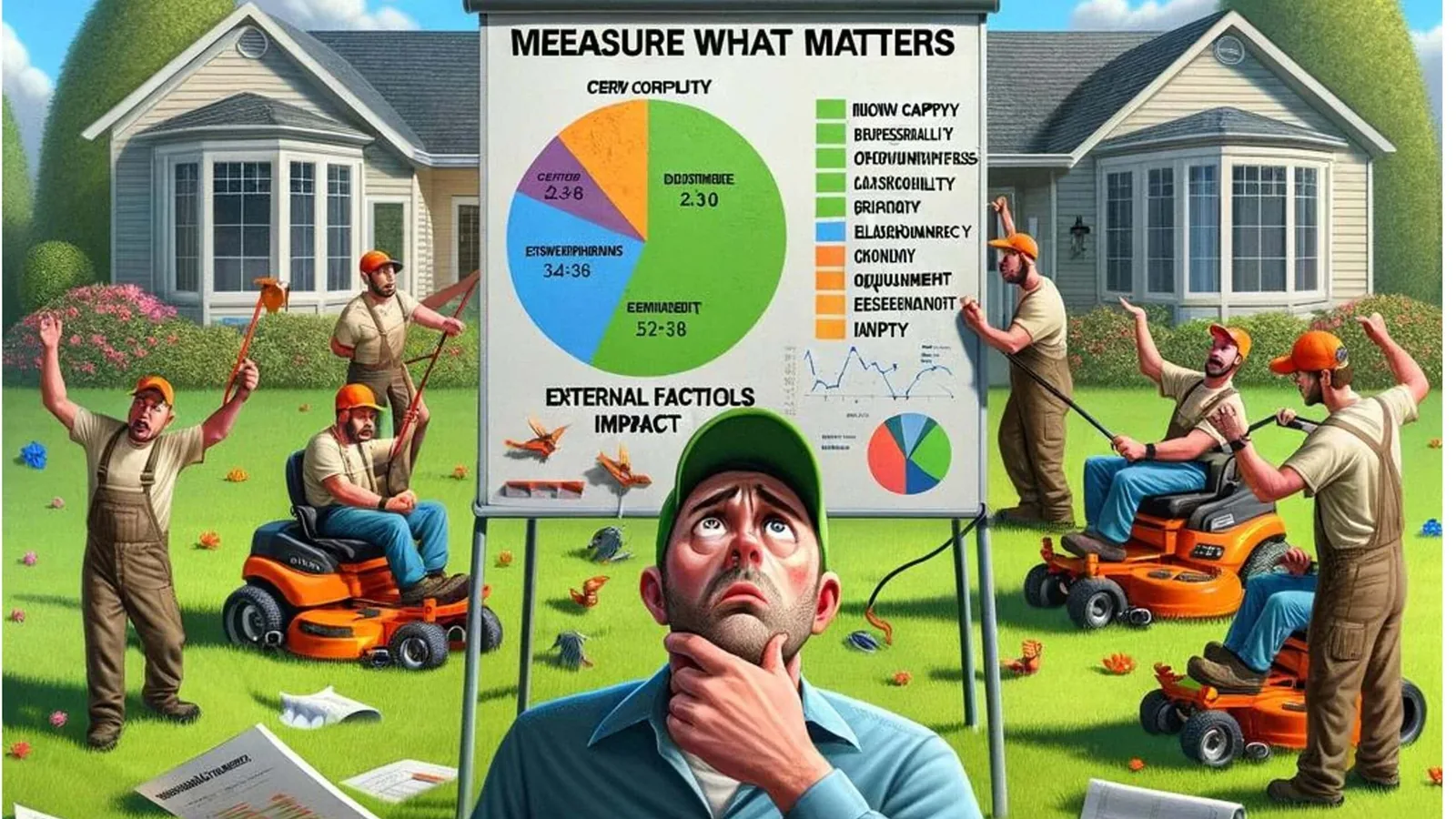 Illustration of a landscaper studying a chart labelled Measure what matters while crews work around him