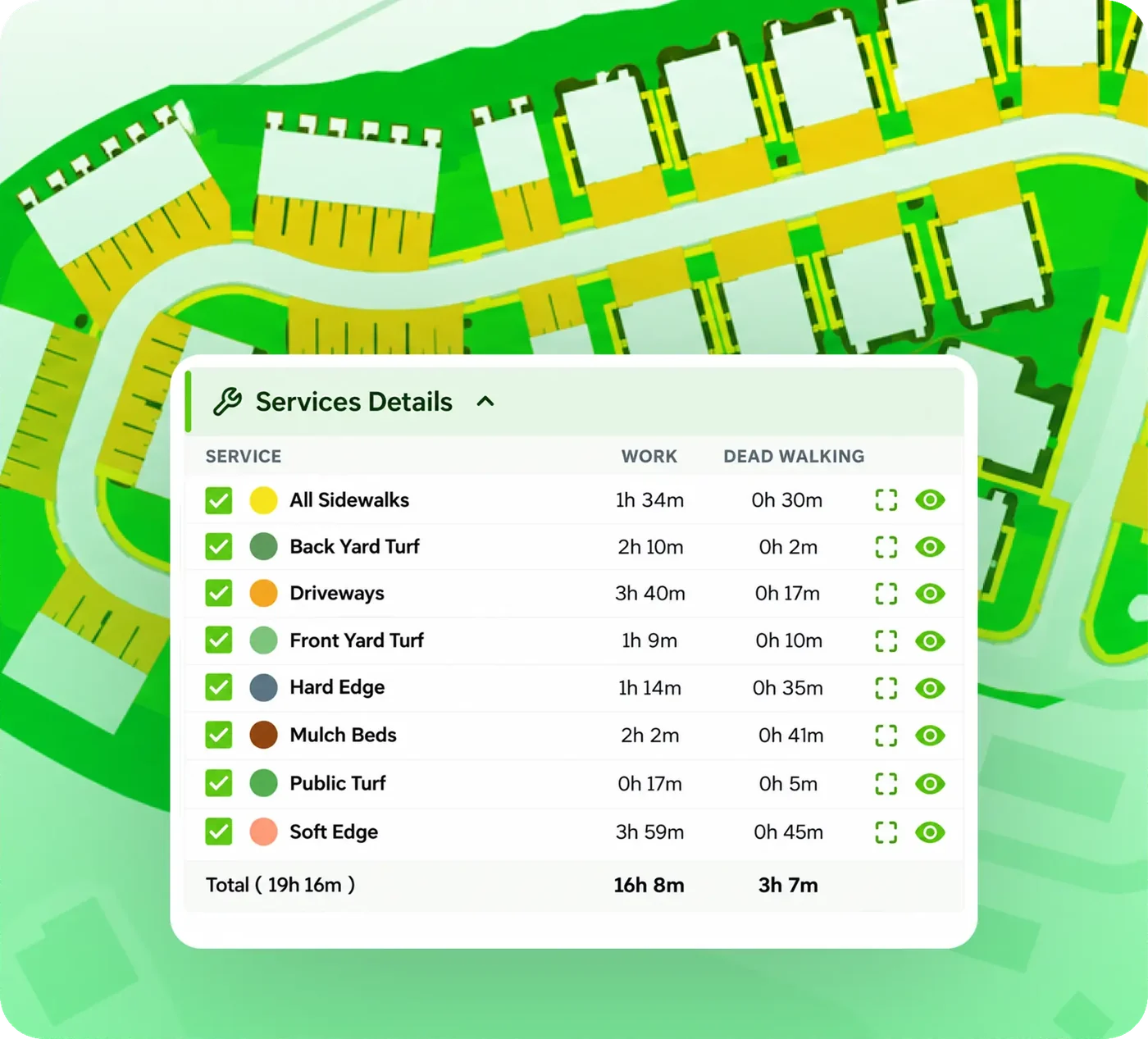 Measured property map with the service list: work time and walking time for each service area, totalled for the property