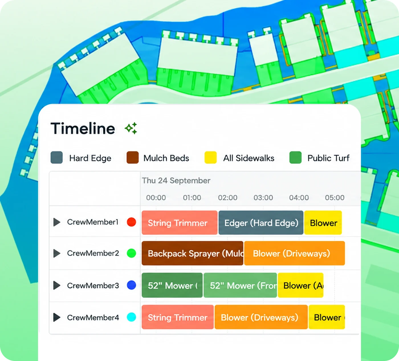 Job plan timeline: one row per crew member with equipment and service blocks across the day