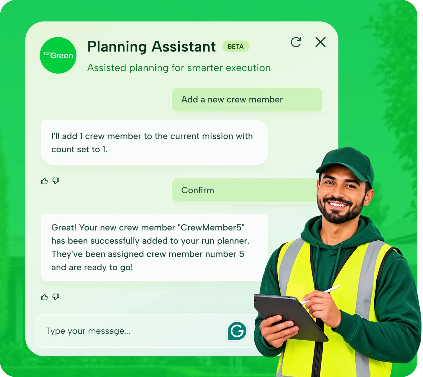 Planning Assistant conversation adding a crew member to the plan, with a crew leader holding a tablet