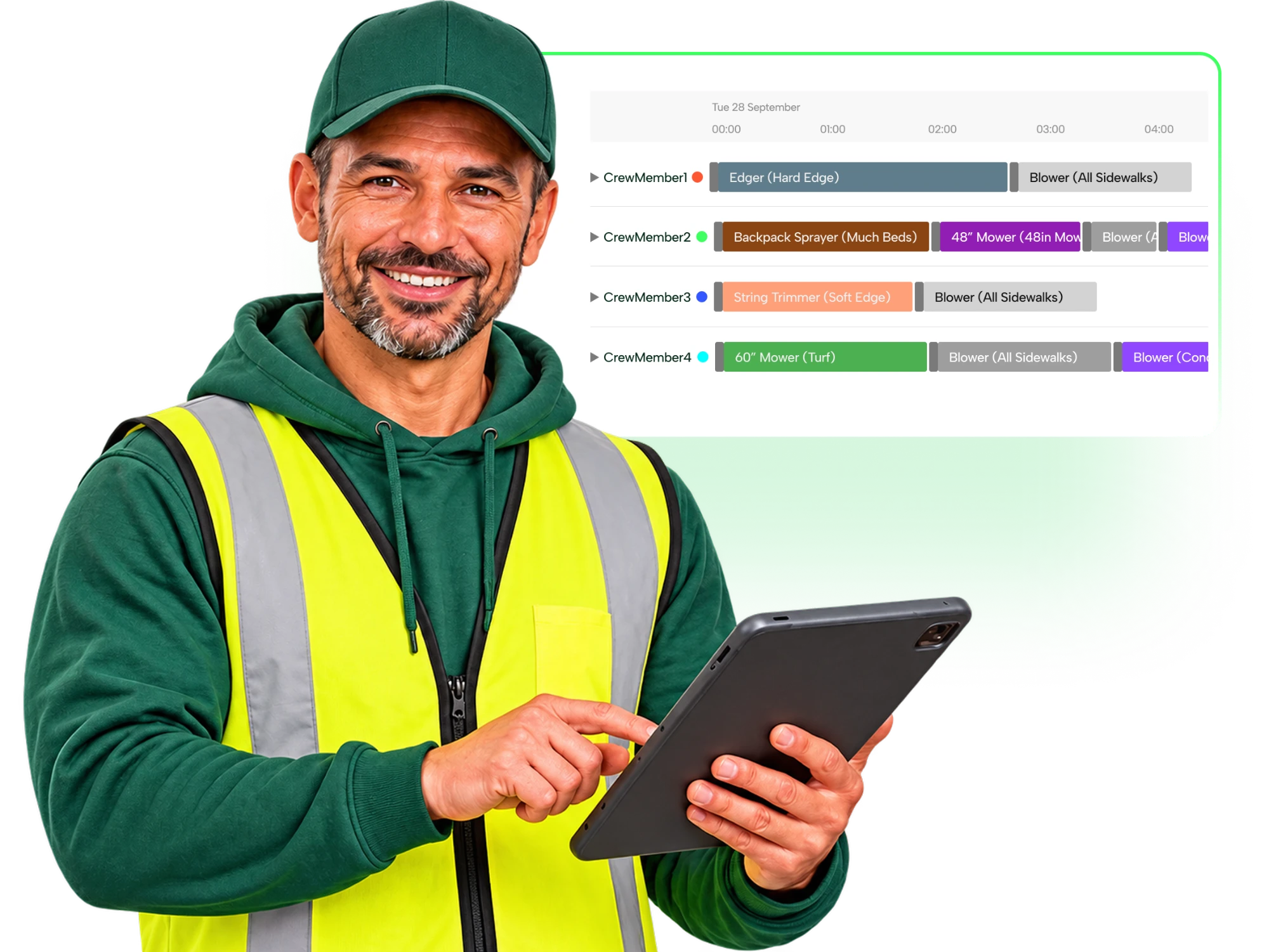 A landscaping crew leader holding a tablet, with the day's plan beside him: one row per crew member, each service in order