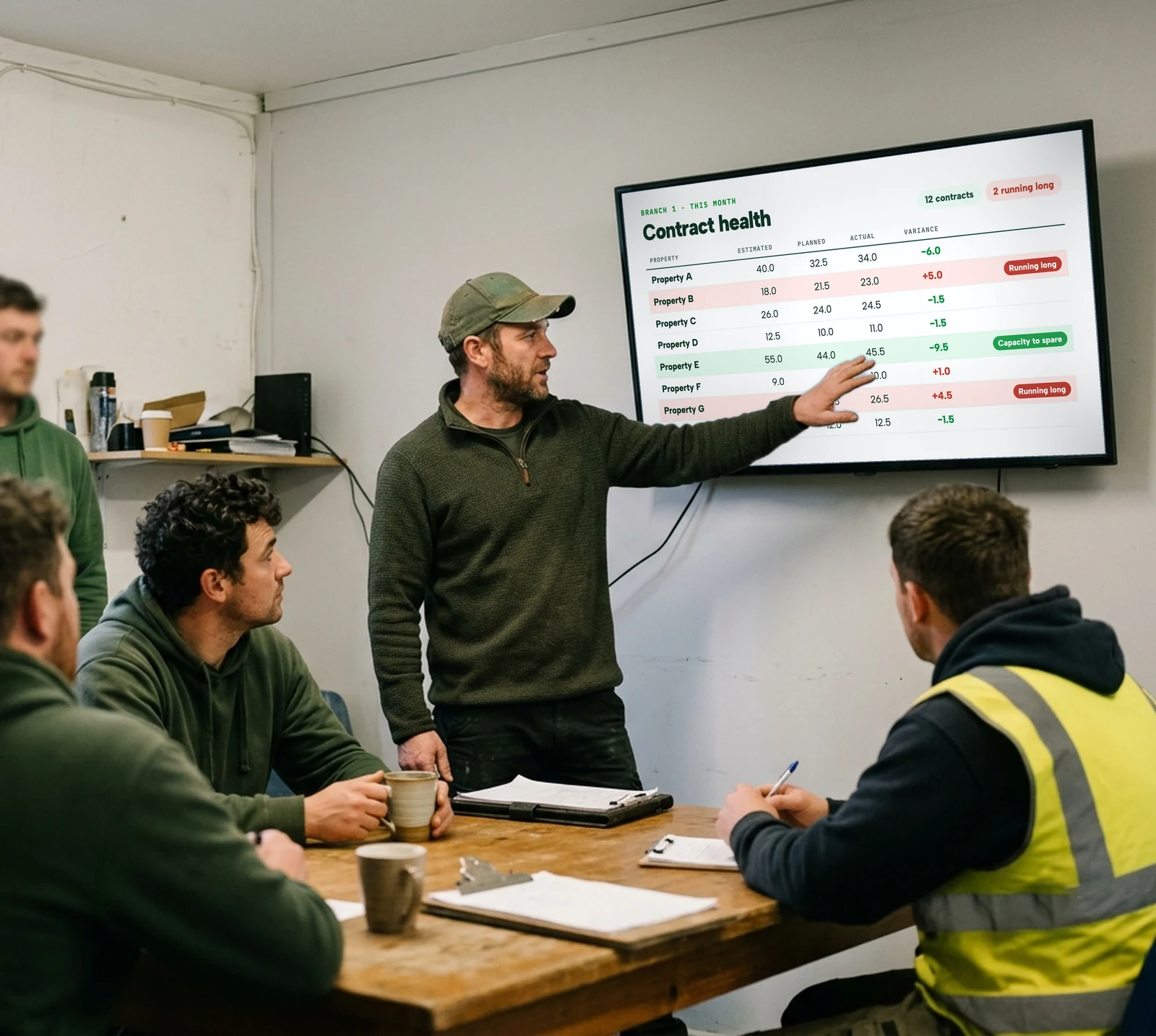 A branch manager at a Monday meeting with his foremen, pointing to the branch's contract-health report on a wall screen: estimated, planned and actual hours per property, two running long and one with capacity to spare