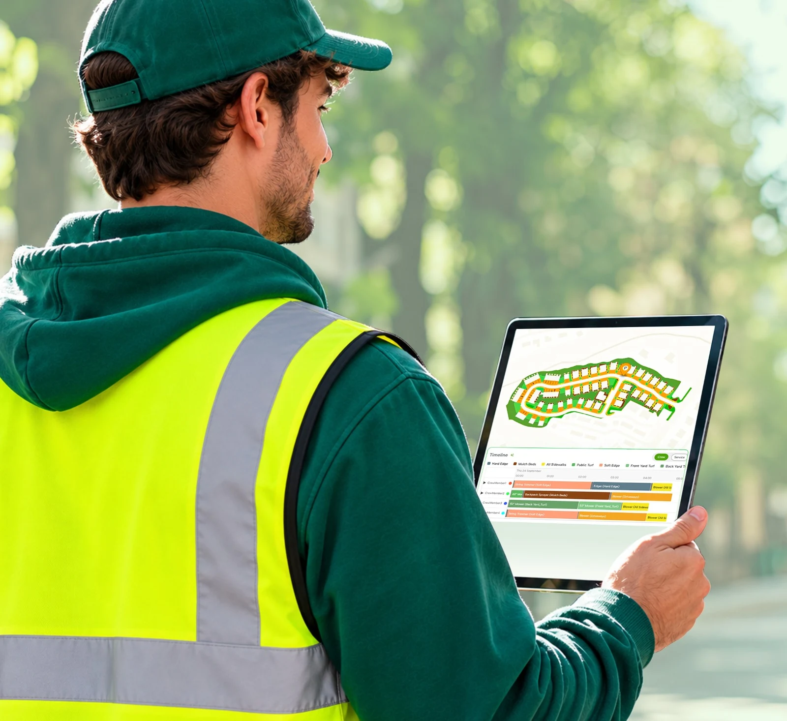A production manager in the field holding a tablet with the day's crew plan: the property map coloured by crew member and a timeline with one row per crew member