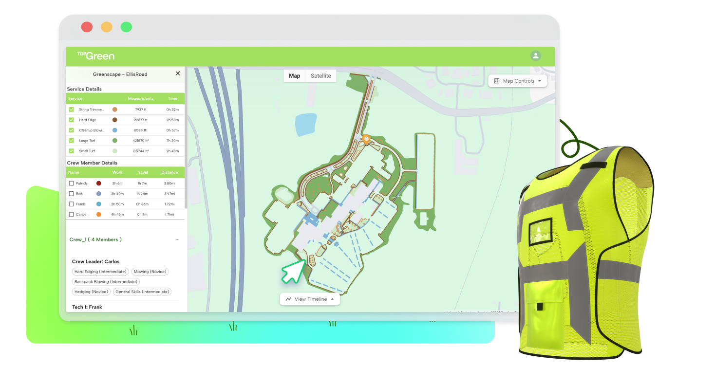 TOP Green’s Human-AI collaborative landscaping software displayed on a digital map, featuring optimized job planning, real-time crew coordination, and a wearable tech device for enhanced efficiency.