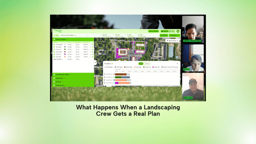 landscaping crew planning software dashboard showing crew task breakdown and property map in CrewPlanner